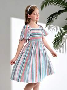 青少年女孩休闲节日编织彩色条纹荷叶边方领纽扣后背镂空设计连衣裙 - 彩色 - 查看 5