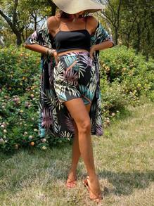 SHEIN 2pcs Suit: Vacation Style Floral Print Chiffon Blouse Short Sleeve Top And High Waist Shorts For Maternity In Summer - Black - View 6