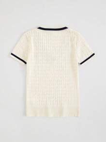 Briarwyn Blusa lavorata a maglia con scollo a V, maniche corte, contrasto di colore, con ricamo a lettera, per outfit estivi da donna, casual business