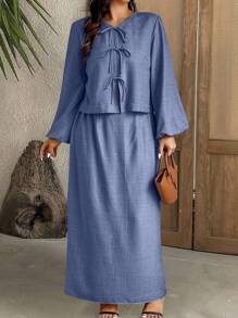 Calvaya Plus Size Women 2pcs Set: Solid Color Front Tie Lantern Sleeve Shirt And Skirt Fall Cloth For Women - Royal Blue - View 5