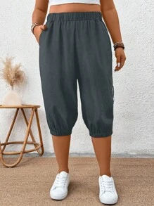 SHEIN LUNE Plus Size Women's Woven Casual Fitted 3/4 Pants With Pockets, Black