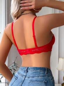 SHEIN Women Solid Color Contrast Lace Removable Strap Underwire Bra Bridallingerie - Red - View 2