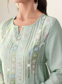 Al Najma Colorful Embroidered & Bead Decor Flare Sleeve Round Neck Maxi Arabian Dress, Modest