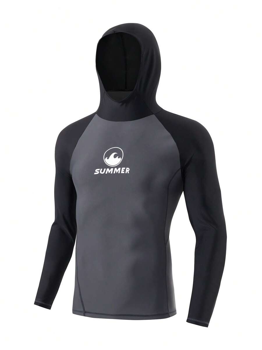 Manfinity KASUA Men's Letter Print Raglan Sleeve Long Sleeve Hooded Rash Guard Swimming Shirt - Multicolor - View 1