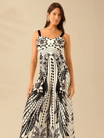 CAJUNI 女式波西米亚风热带椰子树、巨嘴鸟、杜鹃花黑色印花、无袖宽松腿部假日休闲夏季海滩杏色连体衣