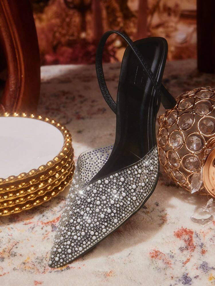 CUCCOO TILAWA Zapatos de tacón alto de mujer con punta afilada, decorados con strass brillantes y tacones transparentes de PVC, color negro, para fiestas y vestidos de boda
