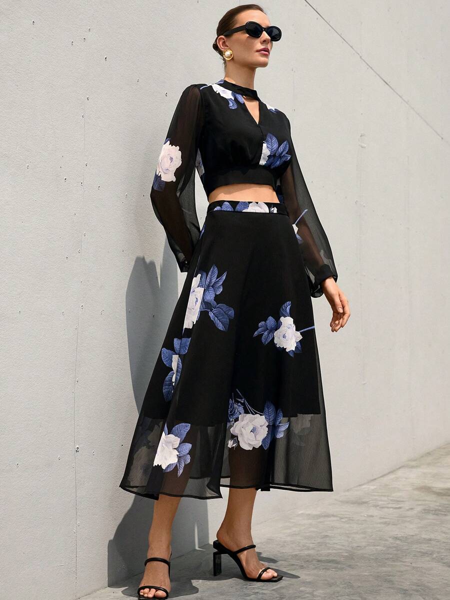 Aveloria Modichic 优雅女士两件套:雪纺花卉印花镂空领长袖衬衫和长裙 - 彩色 - 查看 1
