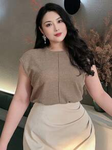 Dazy Plus Oversized Round Neck Cap Sleeve Loose Casual T-Shirt, Spring/Summer,Business Casual Women,Crop Tops Women - Khaki - View 6