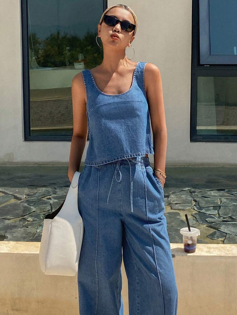 Livesso 2 件女式夏季牛仔吊带背心和宽松抽绳腰牛仔裤休闲度假牛仔套装，返校服 - 中等水洗藍 - 查看 1