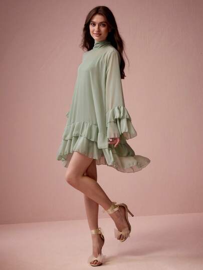 Enchnt Women's Elegant Solid Color Ruffle Sleeve A-Line Dress