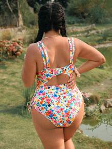 Swim Mod Plus Size Women Floral Print One-Piece Swimsuit With Drawstring On Both Sides For Summer Beach Vacation - Multicolor - View 2