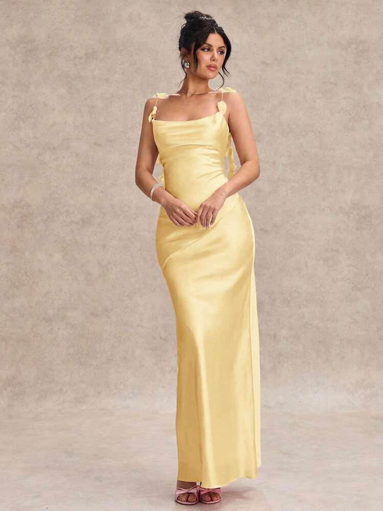 SHEIN BAE Vestido de punto de color pastel rosa sólido 3D extra largo y delgado para boda, dama de honor, cóctel, cita, fiesta, escuela, vacaciones, cumpleaños, noche, Día de San Valentín, verano, primavera, carnaval, vacaciones en la playa, eventos de boda, vestido amarillo mantequilla - Amarillo - Añade 2