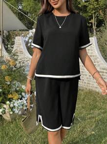 SHEIN 2pcs/Set Maternity Contrast Color Trim Round Neck Short Sleeve Top And Shorts Casual Summer Outfit - Black and White - View 5