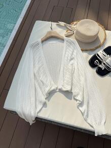 SHEIN Privé Plus Size Vacation Casual Solid Color Hollow-Out Knit Balloon Sleeve Cardigan