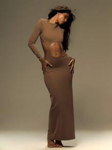 MUSERA Robe longue fendue à manches longues Y2K pour l'été, les vacances, les festivals. Tenue de soirée d'hiver - Tabac - Voir 5