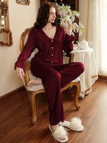 Côtesoire 2pcs/Set Ladies Elegant Lace Trim V-Neck Sleepwear Pajama Set Holiday Season, Fall Winter Clothes - Multicolor - View 6