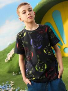 Teletubbies X SHEIN Tween Boy 霓虹卡通图案黑色休闲短袖 T 恤 - 黑色 - 查看 6
