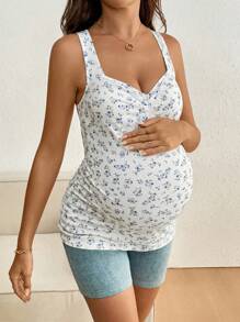 SHEIN Top a canottiera lavorato a maglia con fiori sparsi, scollo a cuore, lunghezza regular, stile casual per comfort quotidiano in gravidanza