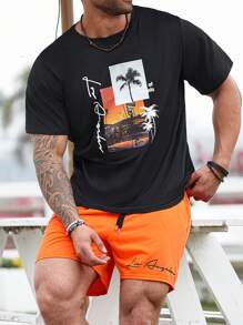 Manfinity RSRT Conjunto de 2 piezas para hombres talla grande con camiseta de manga corta con estampado de letra y pantalones cortos con cordón en la cintura, conjunto casual de verano