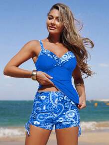 Swim Lushoire 女士沙滩装，佩斯利印花休闲度假风格平角短裤和吊带比基尼泳装 - 藍色 - 查看 3