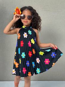 SHEIN Young Girl Woven Ditsy Floral Pattern Snug Fit Sleeveless Casual Dress - Black - View 5