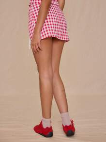 MUSERA Double Layer Gingham Tie Wrap Around Broderie Anglaise Mini Skirt Only Summer Vacation Cute Elegant Sweet Escape Party - Red - View 4