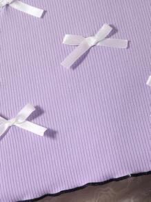 2 件女童甜美罗纹蝴蝶结短袖 T 恤和裙子套装 - 紫色 - 查看 6