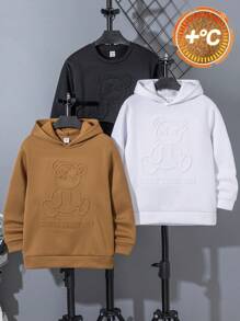 3 Pcs Tween Boy Casual Korean Style Bear Embossed Sweatshirts, Round Neck Long Sleeve Knit Pullover In 3 Colors (1 Pc Free With Purchase), Suitable For School, Garden, Beach, Birthday In Spring, Summer, Autumn, Winter - Multicolor - View 2