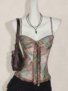 SHEIN ICON Y2K Retro Cashew Floral Print Pleated Fitted Camisole - Nhiều màu - Xem 1