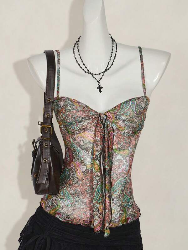 SHEIN ICON Y2K Retro Cashew Floral Print Pleated Fitted Camisole,Rave Top