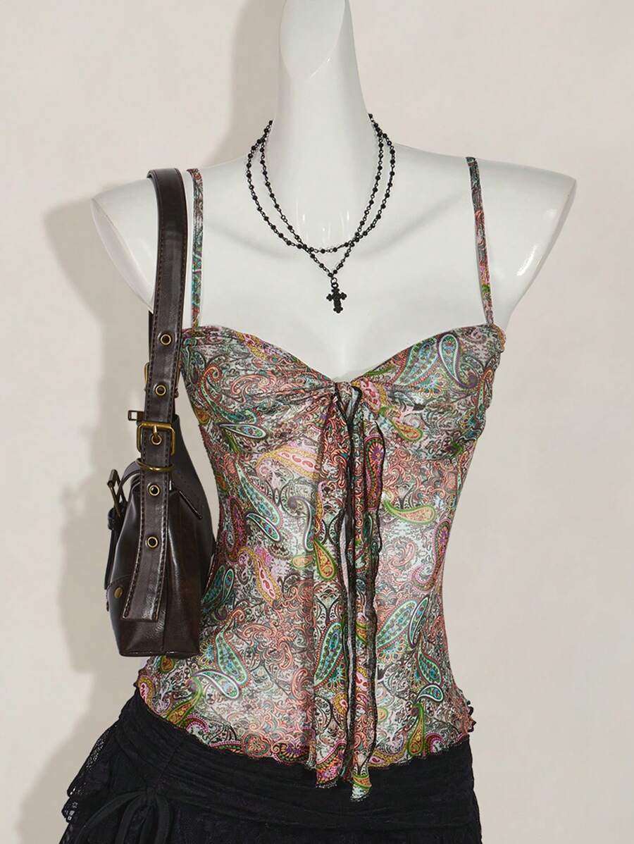 SHEIN ICON Y2K Retro Cashew Floral Print Pleated Fitted Camisole - Nhiều màu - Xem 1