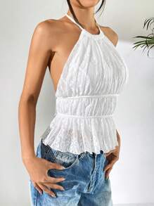 SHEIN EZwear 乡村音乐会白色蕾丝女士吊带背心，夏季时尚 - 白色 - 查看 5