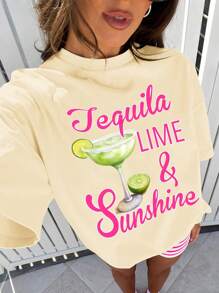 SHEIN VCAY Summer Lemon Cocktail Print Women Round Neck Loose T-Shirt - Khaki - View 1