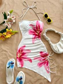 Soleia 女士度假白色粉色花卉浪漫印花不对称下摆吊带蝴蝶结紧身连衣裙，适合海滩、西部、节日、夏季服装、波西米亚风、女士夏季连衣裙 - 白色 - 查看 4