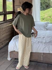 Dazy Kids 女童休闲圆领针织短袖 T 恤 + 长裤舒适家居服，青少年女孩秋装 - 橄欖綠 - 查看 7