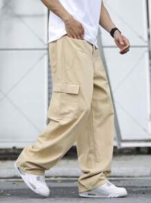 Manfinity Homme Men's Khaki Denim Avant-Garde Street Casual Long Jeans With Zipper Detail - Khaki - View 4