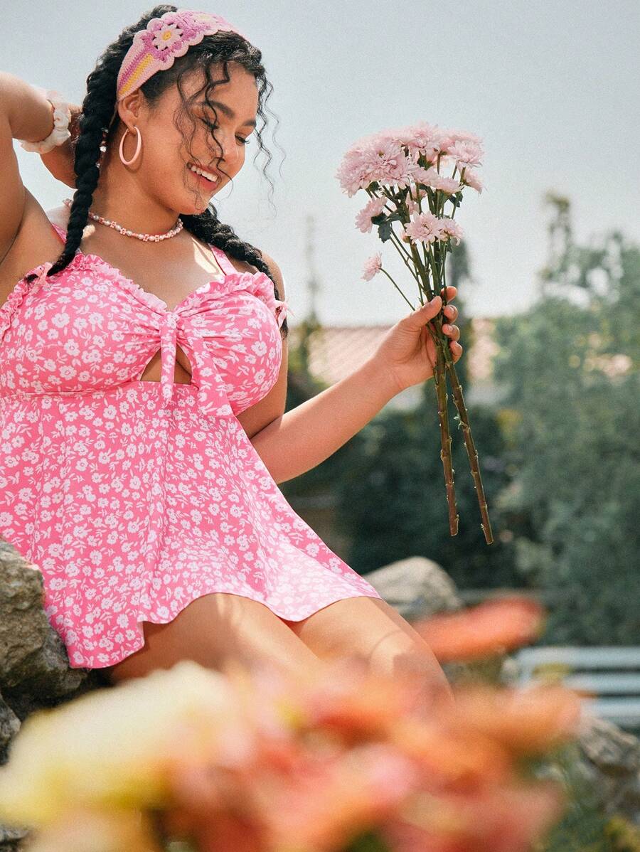 Swim Mod 2pcs Plus Size Women Random Floral Print Lace Trim Flounced Tankini Beach Swimsuit Set, Slimming Waist A-Line' For Summer Beach Vacation - Multicolor - View 1