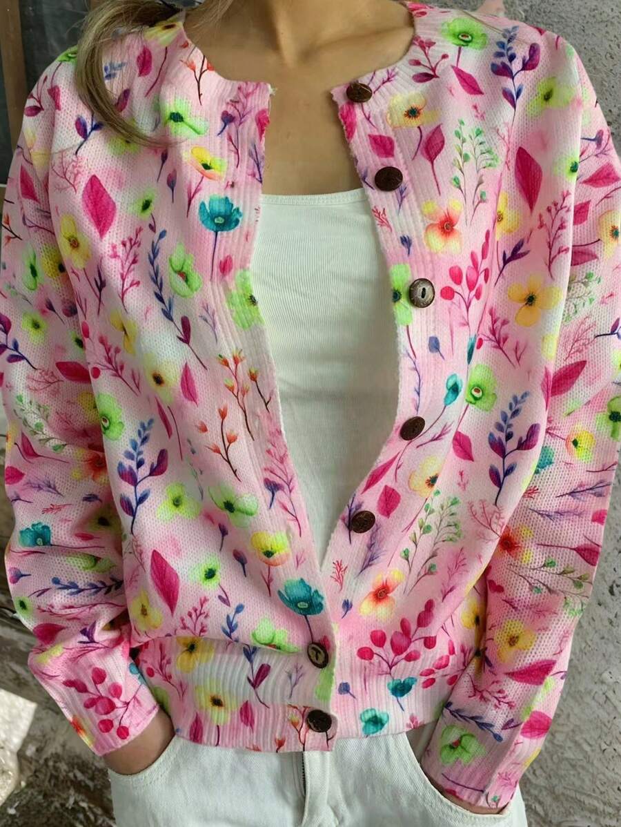 SHEIN LUNE 全新女式纽扣印花薄款休闲开衫，花卉图案圆领长袖前开襟毛衣 - 粉色 - 查看 1