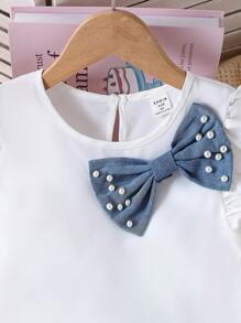 Sparklyn 2 件女童 3D 牛仔蝴蝶结盖袖 T 恤和宽松荷叶边下摆牛仔短裤套装，春夏 - 白色 - 查看 4