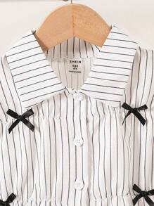 Girls 2025 Summer New Korean Style Girls Blue Striped Short-Sleeved Three-Dimensional Bow Fashionable French Shirt