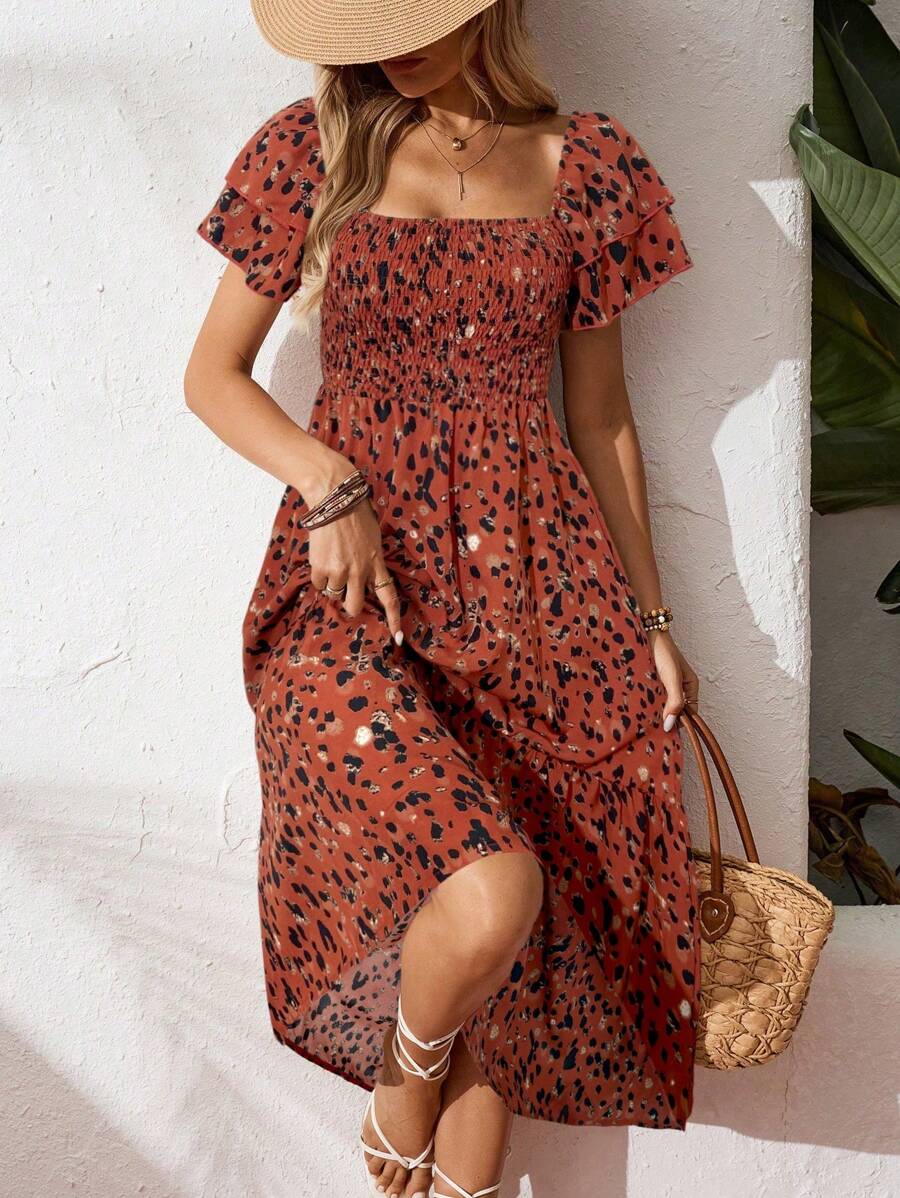 Breezaya ManYin Summer Allover Print Halter Ruffled Dress Maxi Vacation Beach Outfits Women - Red - View 1