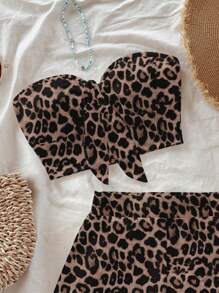 Soleia 女士豹纹打结前短款上衣和紧身迷你短裤套装，休闲夏季服装 - 彩色 - 查看 4