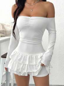 SHEIN EZwear Women's Solid Color Pleated Off Shoulder Long Sleeve Ruffle Hem Mini Dress - White - View 4