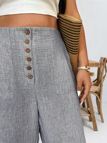 Linhara Plus Size Linen Texture Wood Button Decorated Side Pockets Casual Cropped Pants - Grey - View 7