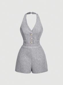 SHEIN MOD Summer Elegant Tweed V-Neck Halter Pearl Button Romper - Black and White - View 1
