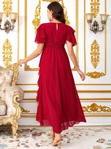 Loomaby Elegant Solid Color Ruffle Hem Side Slit Maternity Dress Baby Shower Maternity  Maxi Dresses Classy Outfits Red Dress Fairycore - Red - View 2