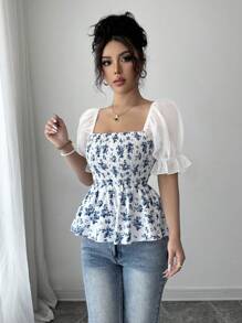 Elenzga Áo cánh cổ vuông xếp ly tay ngắn bèo nhún thân lưới chắp vá họa tiết hoa Ditsy Ditsy dành cho nữ, phù hợp với cuộc sống thường ngày, công sở, du lịch, bãi biển, phong cách Boho, phương Tây, lễ hội âm nhạc, phong cách đồng quê - Màu xanh lam - Xem 4