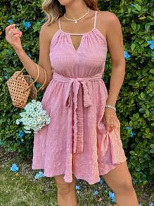 SHEIN VCAY Plus Size Solid Color Textured Hollow Out Halter Neck Dress, Casual Vacation Graduation Dress Sun Dress Concert Outfit Women Summer Outfits For Women Easter Outfit Women Festival Rave Bohemia Graduation Wedding Guest Dress Women  Vacation Boho Festival Outfits Country Concert Outfit Brunch Outfits For Women Easter Outfit Curve