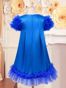 1 buah Gaun Fashion A-Line Lengan Puff Berlapis Ruffle Warna Fuchsia Berkilau untuk Anak Perempuan Remaja, Musim Semi/Panas - Biru - View 2