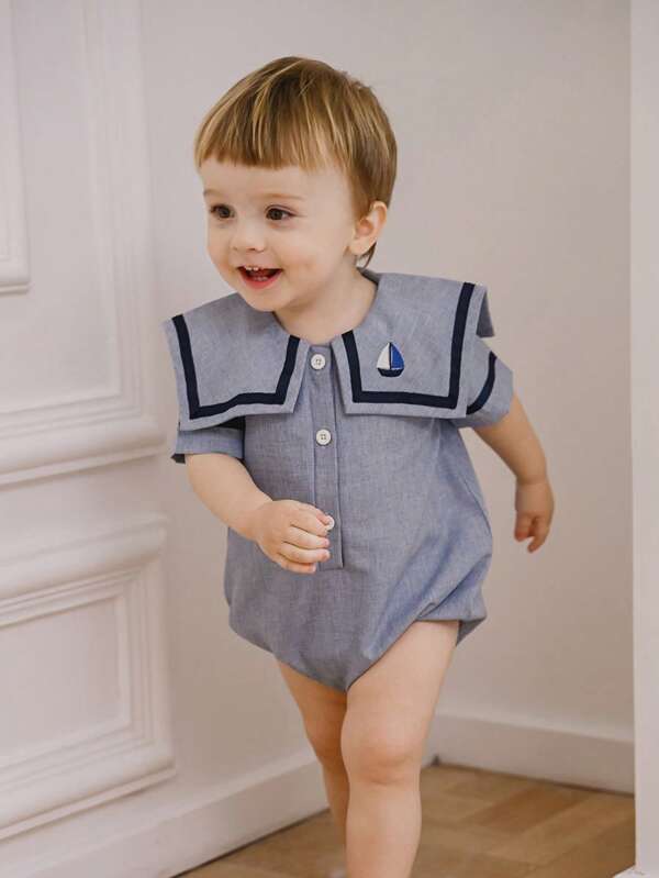 Souflis Souflis Casual Daily Wear Navy Style Romper, Triangle Crotch Open Shorts, Short Sleeve Woven Infant/Toddler Boys' Bodysuit